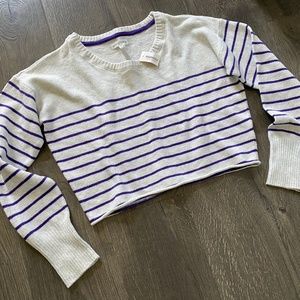 Aeropostale women's cropped crew neck crop sweater gray white purple stripes L